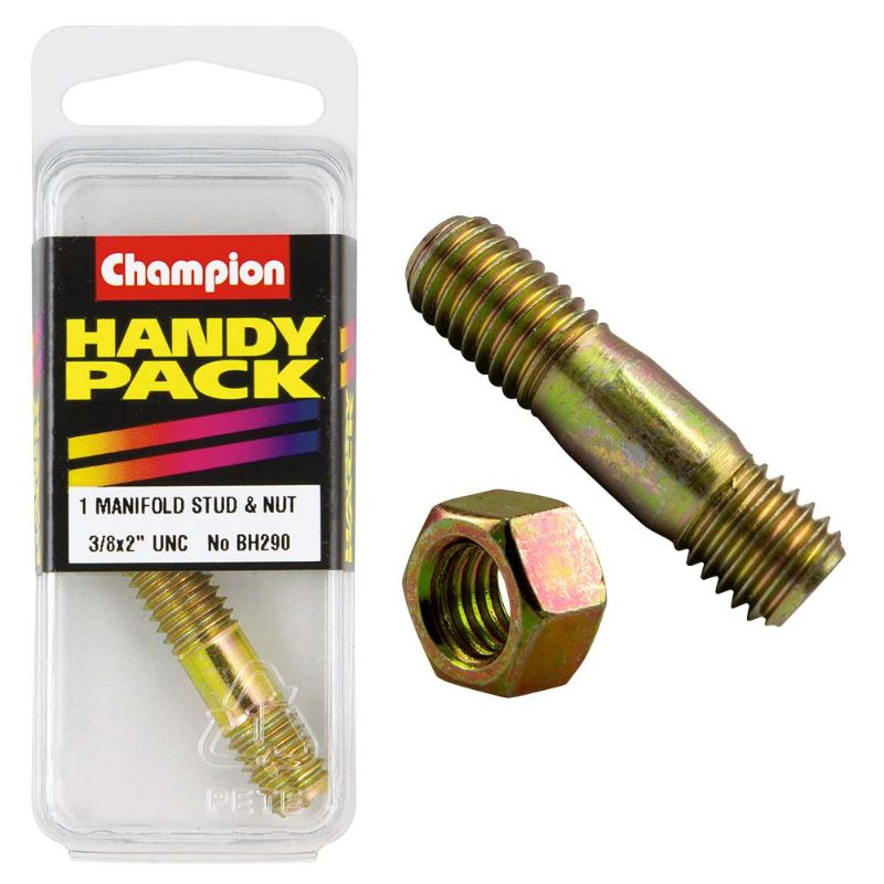 Champion 3/8in x 2in UNC Manifold Stud & Nut, durable and reliable for manifold installations in automotive and machinery projects.