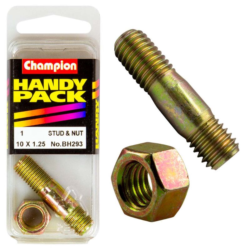 Champion M10 x 1.25 x 43 manifold stud and nut set for reliable automotive performance and secure engine fit.