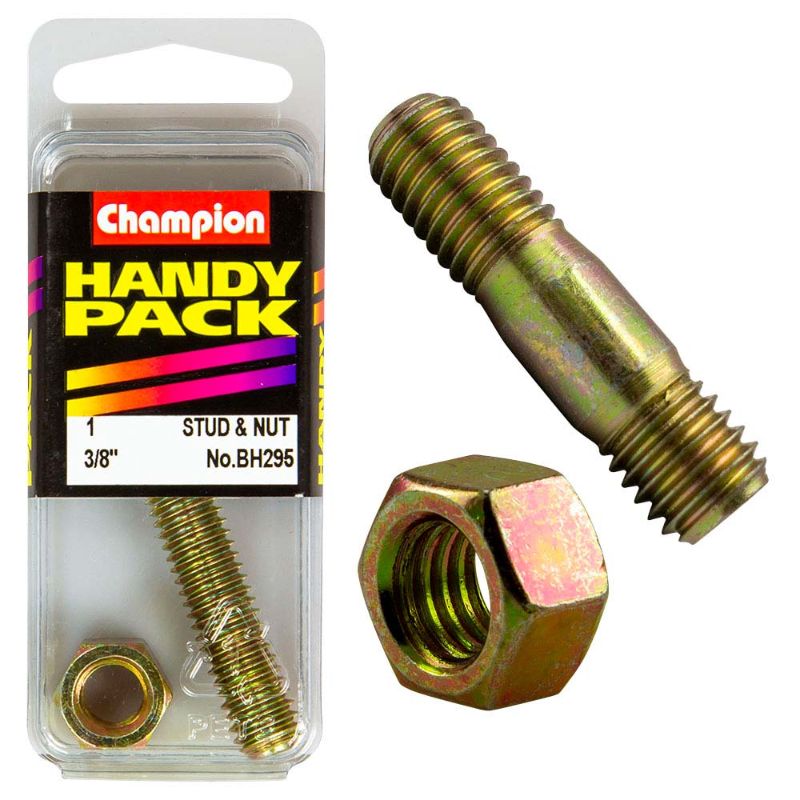Champion 3/8in UNC Manifold Stud & Nut set, designed for durability and compatibility in automotive and industrial applications.