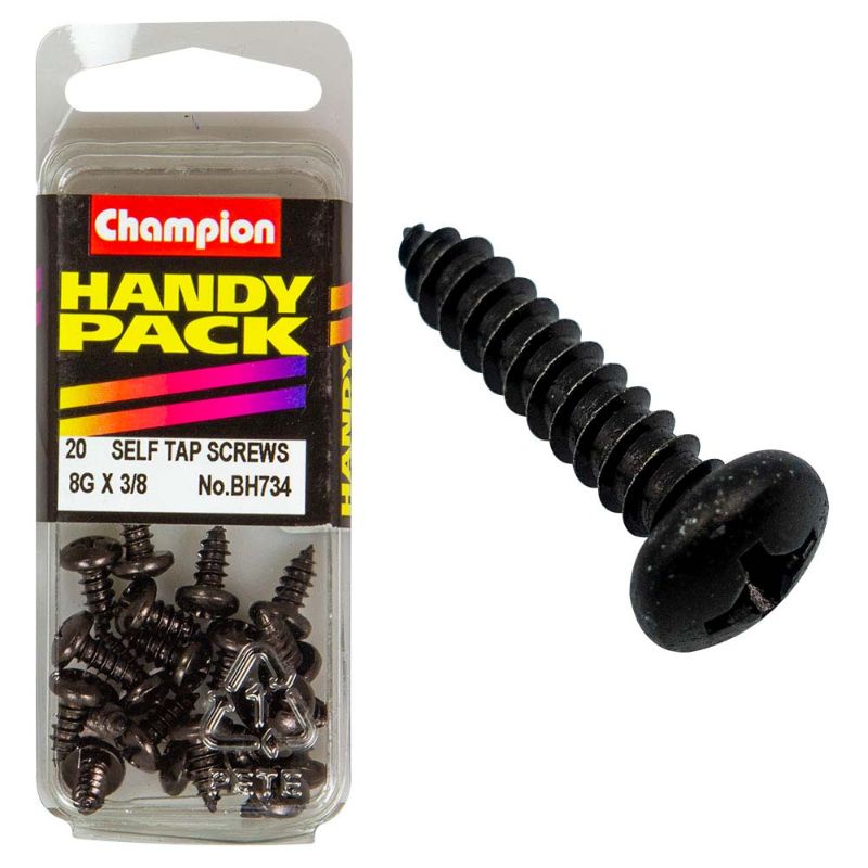 Black zinc 8G x 3/8in set screw designed for strength and corrosion resistance in various fastening applications.