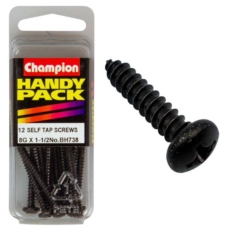 Champion 8G x 1-1/2in set screws in black zinc, pack of 12, ideal for securing components in various projects.