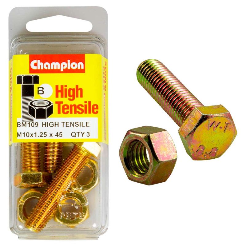 Champion M10 x 45 x 1.25 set screw and nut, made from durable grade 8.8 steel, providing superior fastening strength and corrosion resistance.
