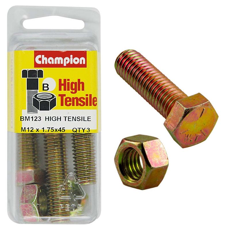 Durable Champion M12 x 45 set screw and nut, Grade 8.8 steel, ideal for heavy-duty fastening applications.