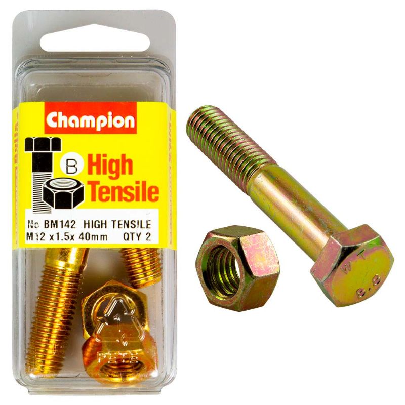 High-strength Champion M12 x 40 x 1.5 Bolt & Nut (B) - GR8.8, perfect for heavy-duty automotive and construction tasks.