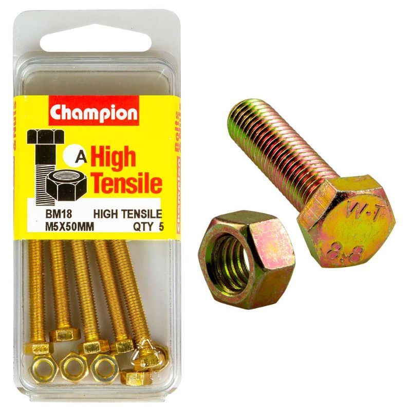 High-quality Champion M5 x 50 set screw and nut in GR8.8 steel, ideal for automotive and machinery fastening projects.