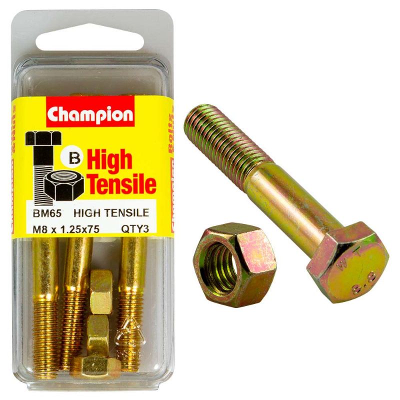 Durable Champion M8 x 75 Bolt & Nut set in Grade 8.8 steel, perfect for heavy-duty and DIY fastening applications.