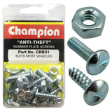 Champion 30Pc Anti-Theft Number Plate Screws set, featuring one-way screws and nuts for secure license plate installation.