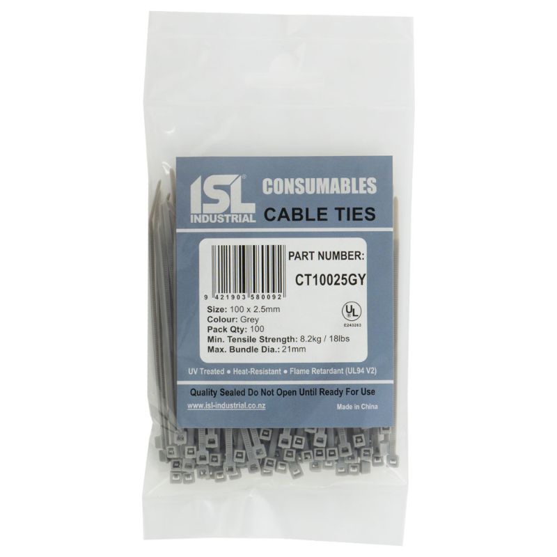 Grey nylon cable ties, 100-pack, 2.5mm width, durable with 8.2kg strength, ideal for organizing cables and lightweight items.