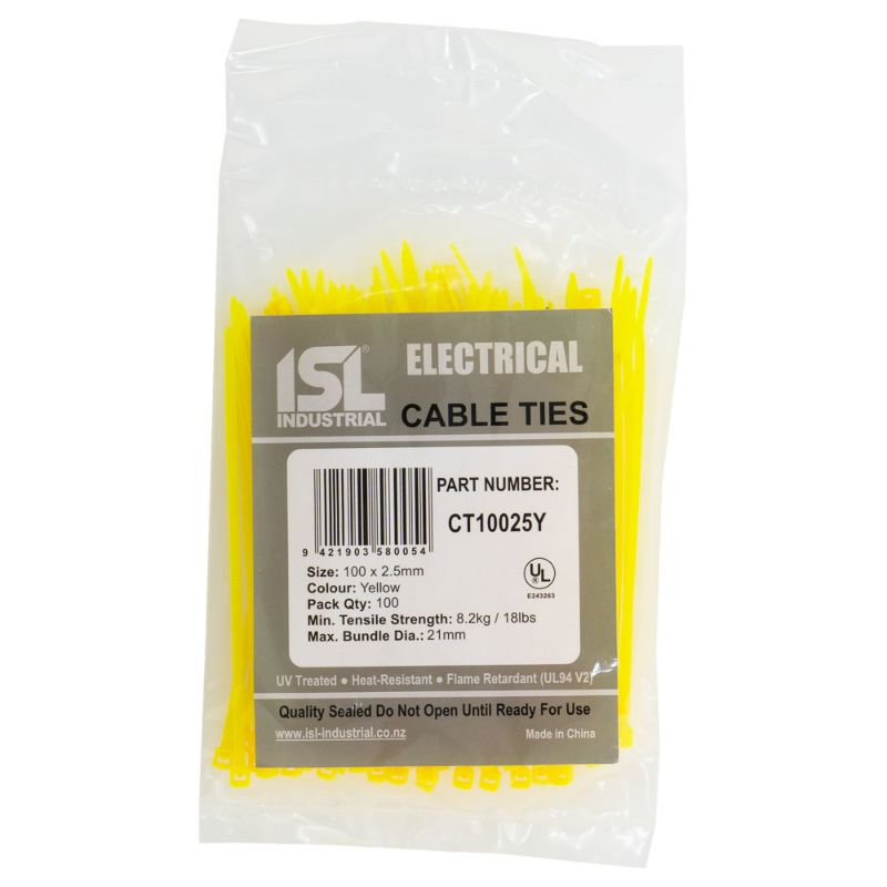 Yellow nylon cable ties in a 100-pack, 2.5mm width, with 8.2kg tensile strength, for versatile indoor and outdoor bundling.