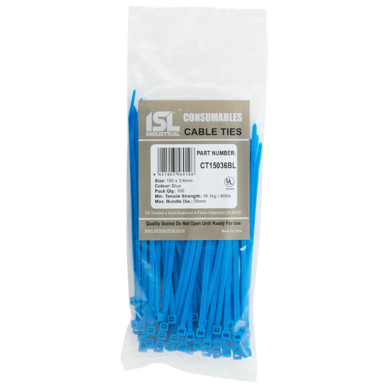 Blue ISL nylon cable ties, 150 x 3.6mm, 100-pack, durable, 18.1kg strength, perfect for organizing and securing cables.