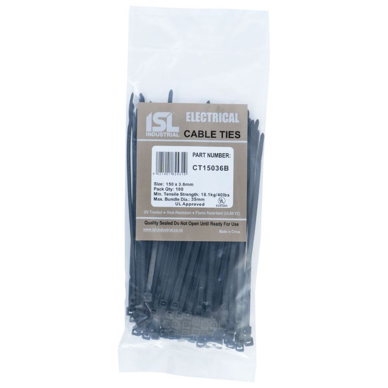 Black UV Nylon Cable Ties, 150x3.6mm, 100pk, durable PA66, 18.1kg strength, ideal for indoor/outdoor use.