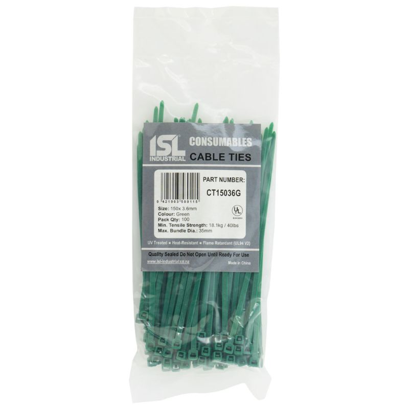 Vibrant green nylon cable ties, 150 x 3.6mm, pack of 100, durable with 18.1kg tensile strength, ideal for cable management.