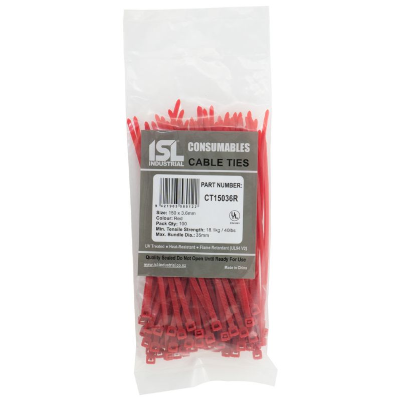 Bright red 150 x 3.6mm nylon cable ties, durable and strong, perfect for organizing and bundling cables in various environments.