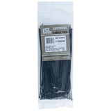 Black UV nylon cable ties, 200 x 2.5mm, pack of 100; durable, weather-resistant ties for effective cable management.