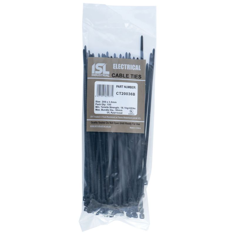 Black UV Nylon Cable Ties, 200 x 3.6mm, pack of 100, with high tensile strength and flame resistance for reliable cable management.