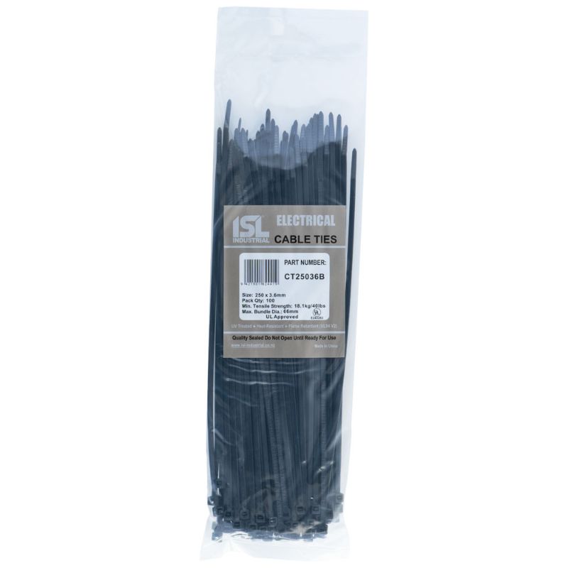 Black UV-resistant nylon cable ties, 250 x 3.6mm, 100-pack, with 18.1kg tensile strength, perfect for organizing cables outdoors.