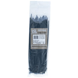 Black UV-resistant nylon cable ties, 250 x 3.6mm, 100-pack, with 18.1kg tensile strength, perfect for organizing cables outdoors.