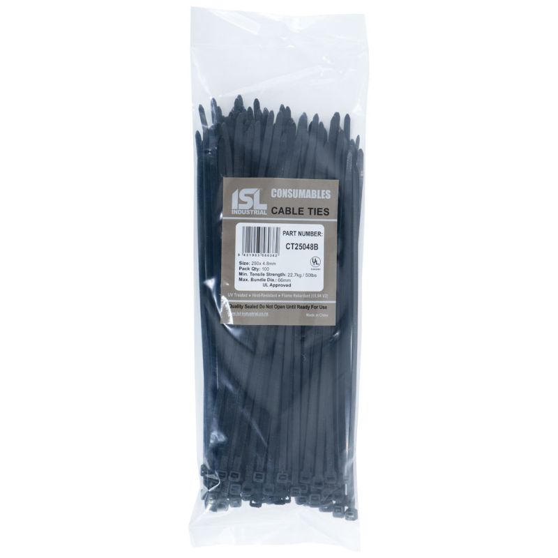 Black UV nylon cable ties, 250 x 4.8mm, 100-pack, strong, outdoor-compatible for cable management and organization.