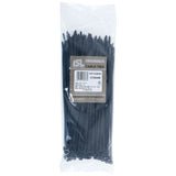 Black UV nylon cable ties, 250 x 4.8mm, 100-pack, strong, outdoor-compatible for cable management and organization.