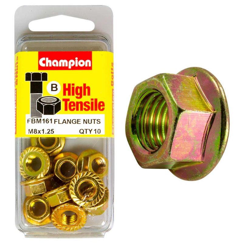 High-strength Champion Flange Nut M8 x 1.25 (B) - GR8.8 in a pack of 10, ideal for durable, secure fastening in various applications.