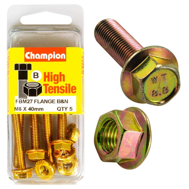 M6 x 40 GR8.8 flange bolt featuring a wide head for load distribution, ideal for durable fastening in various projects.