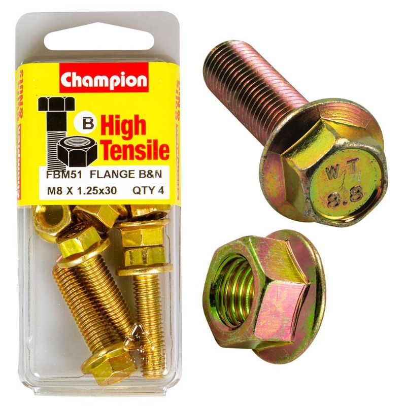 High-strength carbon steel M8 x 30 flange bolt with enhanced stability for securing machinery and furniture in various applications.