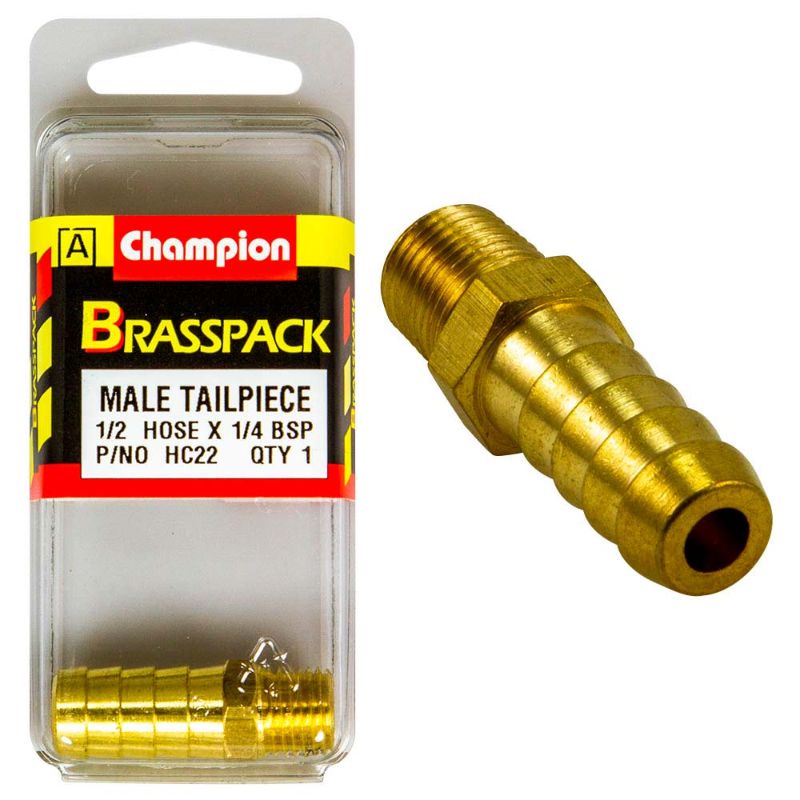 Champion Brass 1/2in x 1/4in Male Hose Barb for secure plumbing connections, featuring durable, corrosion-resistant brass and barbed ends.