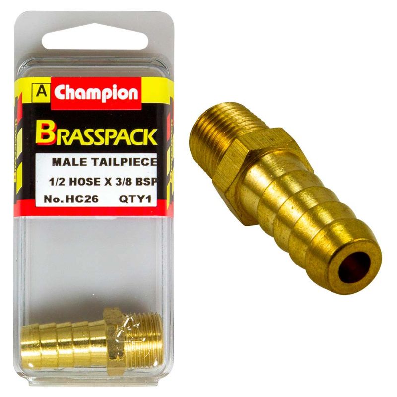 Durable Champion Brass 1/2in x 3/8in Male Hose Barb for leak-proof fluid transfer and hose connections in various applications.