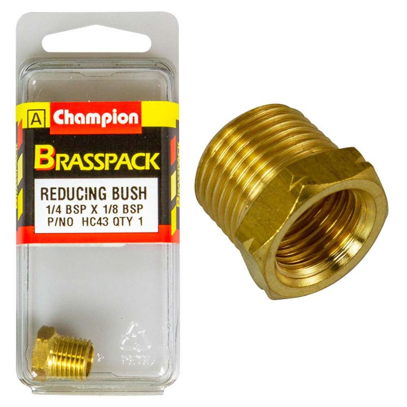 Champion Brass 1/4in - 1/8in Hex Reducing Bush for seamless pipe connections, crafted from durable, corrosion-resistant brass.