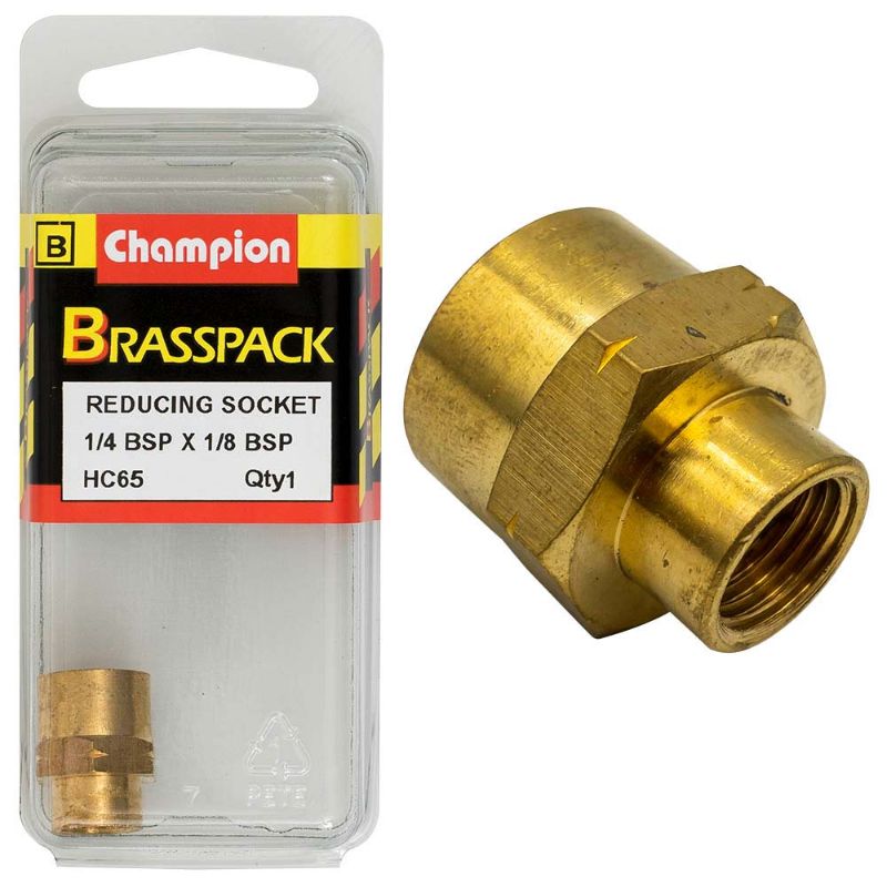 Durable Champion Brass reducing socket, 1/4in x 1/8in BSP, ensures leak-free plumbing connections in tight spaces.