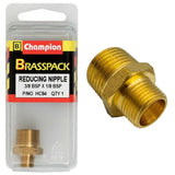 Brass reducing nipple featuring 3/8in male BSP and 1/8in female BSP threads for reliable plumbing connections.