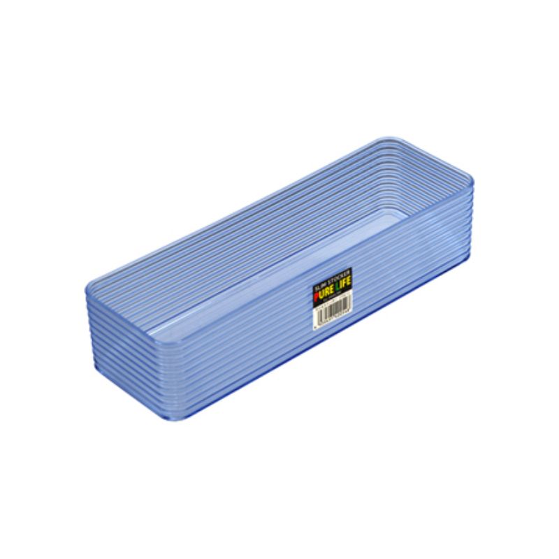 Vibrant blue slim stocker containers set of 10, ideal for efficient organization in home or office, measuring 23.8cm x 7.9cm x 5.4cm.