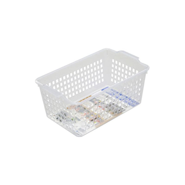 Set of 10 clear storage baskets (28.1 x 17 x 12 cm), ideal for organizing toys, stationery, and more in any space.