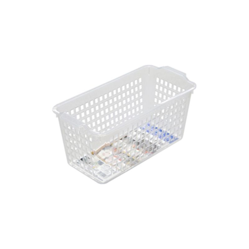 Set of 10 slim clear storage baskets, 28.2 x 13.5 x 13cm, ideal for organizing various items in any space.