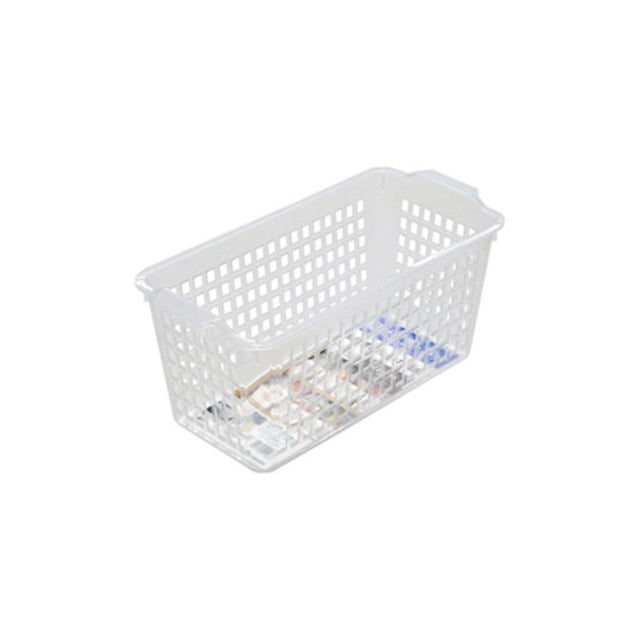 Set of 10 slim clear storage baskets, 28.2 x 13.5 x 13cm, ideal for organizing various items in any space.
