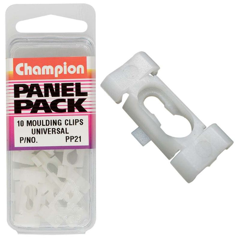 White Champion Universal Moulding Clips in a 10-pack for secure trim installation and a polished finish in home projects.