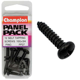 Champion Self Tapping Screws in black, 10G x 3/4in, 12-pack; perfect for durable, corrosion-resistant fastening in various materials.