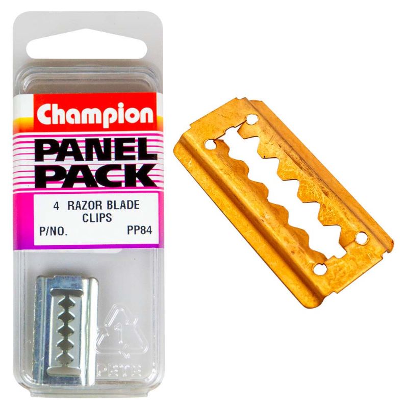 Champion Razor Blade Clips, 30mm x 16mm, pack of 4; durable, secure grip for precision cutting in DIY and professional use.