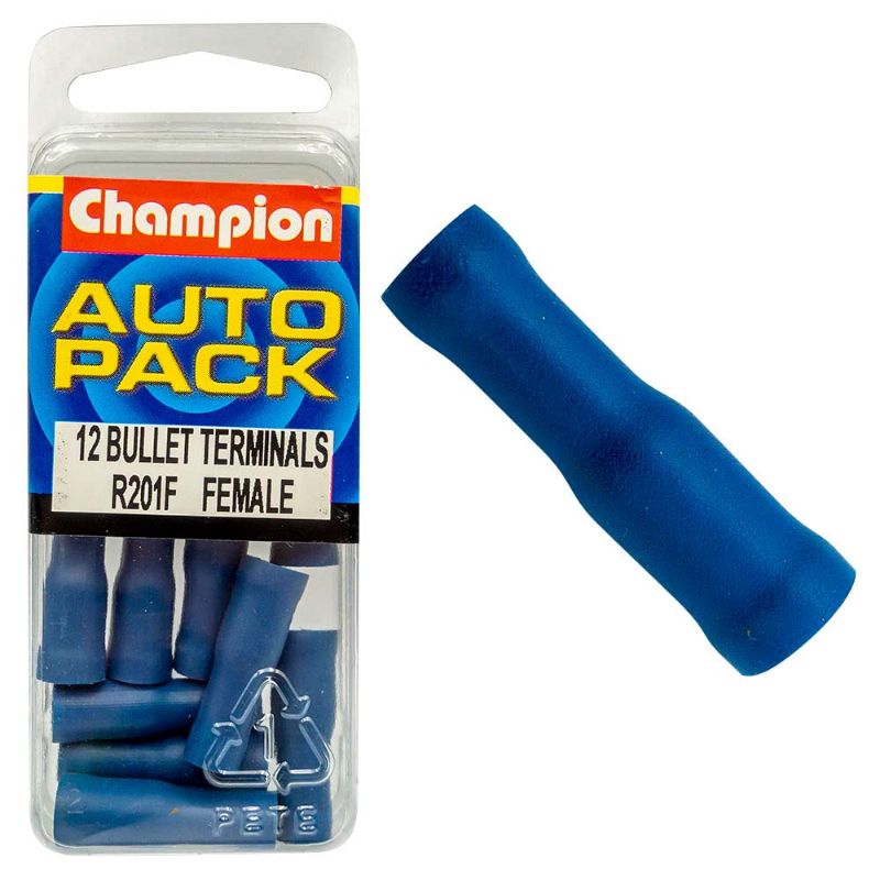 Champion Blue Bullet Terminal-Female, durable and corrosion-resistant for reliable automotive and DIY electrical connections.