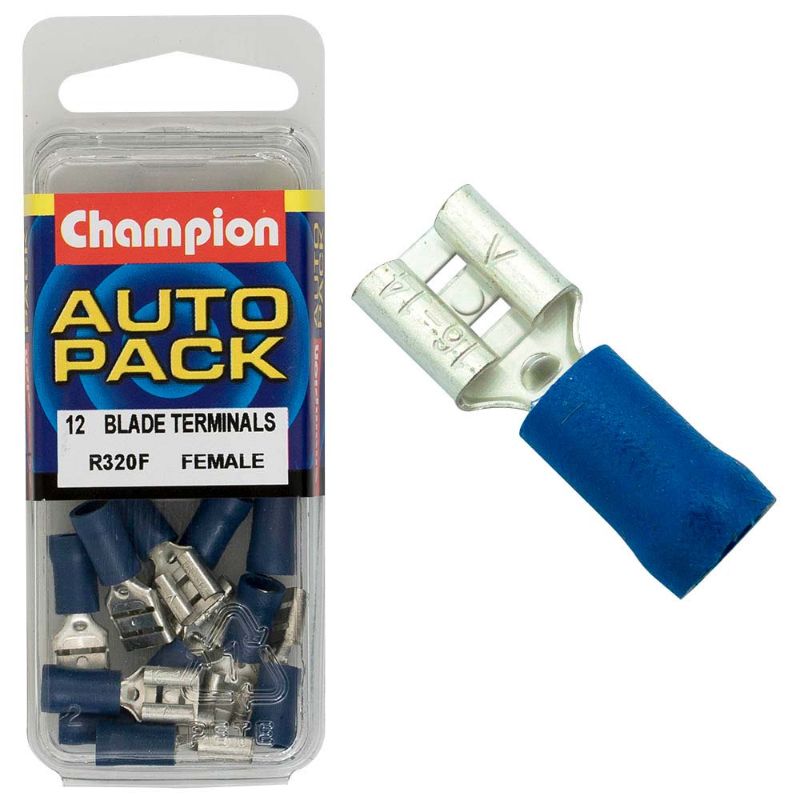 Champion Blue Blade Terminal-Female connector, known for durability and secure connections in automotive and marine applications.