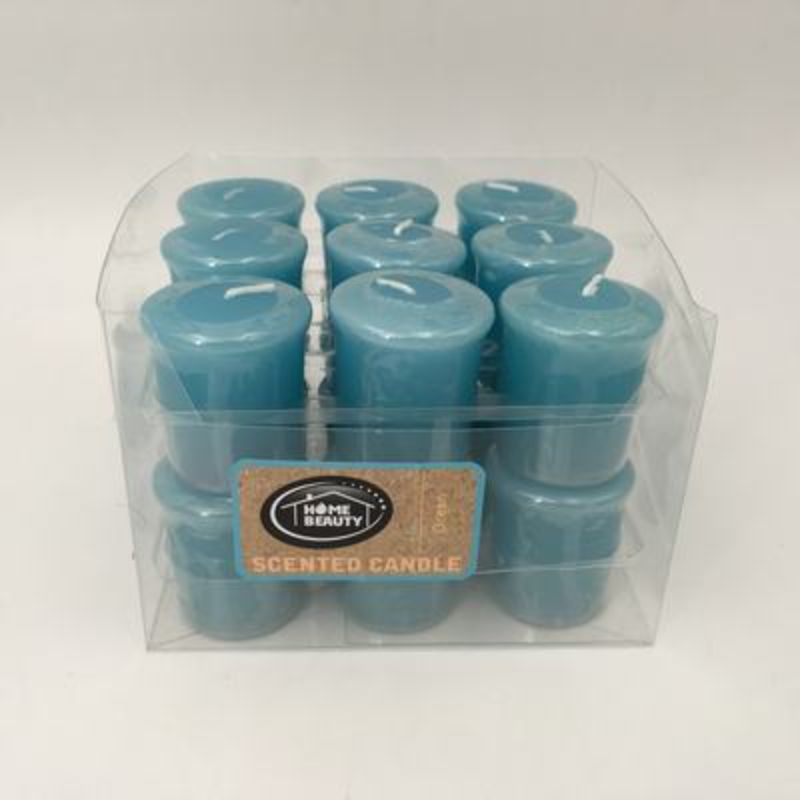 Set of 18 ocean-blue votive candles, hand-poured, with soothing scents and 14-hour burn time for ambient decor.