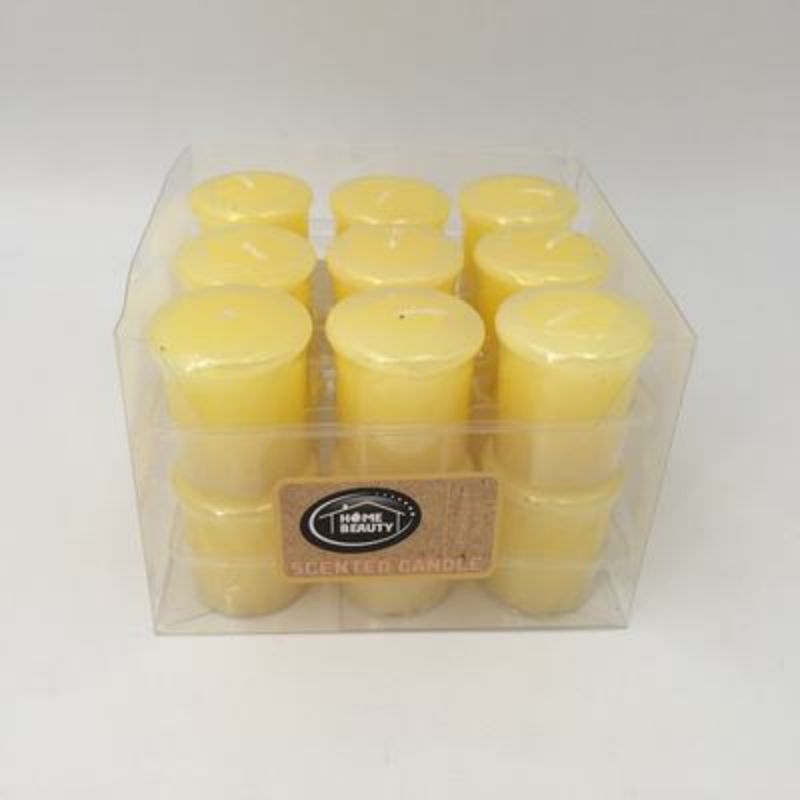 Votive Candle set of 18 in yellow, infused with pineapple scent, burns for 14 hours, perfect for celebrations and ambiance.