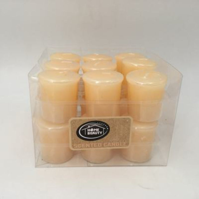 Set of 18 Beige Amber Vanilla votive candles, handcrafted for a cozy ambiance with a soothing 14-hour burn time.