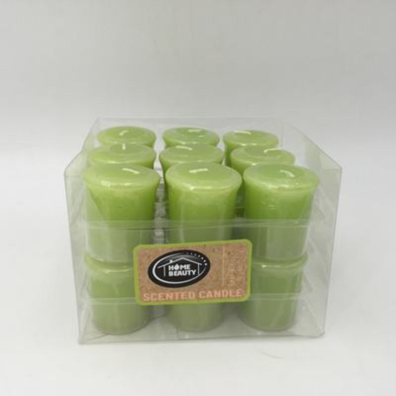 Set of 18 lime green votive candles with pear blossom and jasmine scents, perfect for ambiance and relaxation.