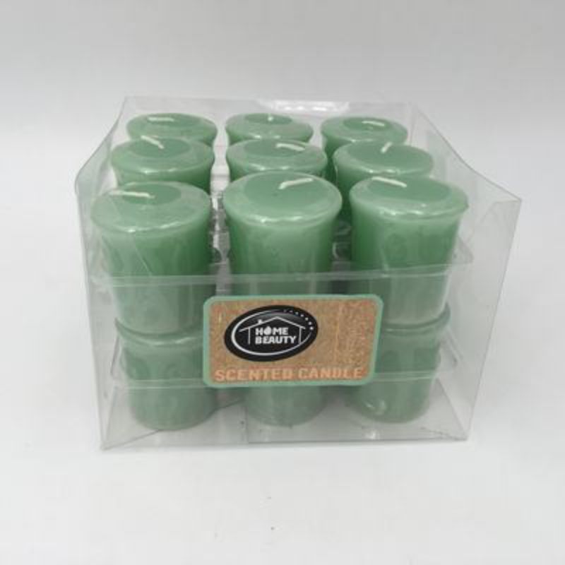 Votive candle set of 18 in mint green with coconut lime & verbena scent, ideal for creating a warm, tropical atmosphere.