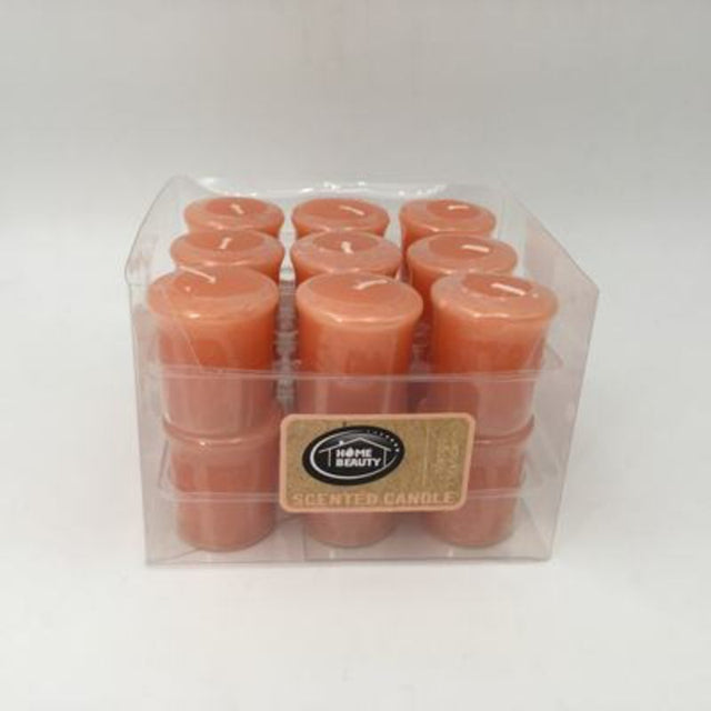 Set of 18 vibrant votive candles in Apricot Mango Mandarin scent, perfect for creating a warm, inviting atmosphere.