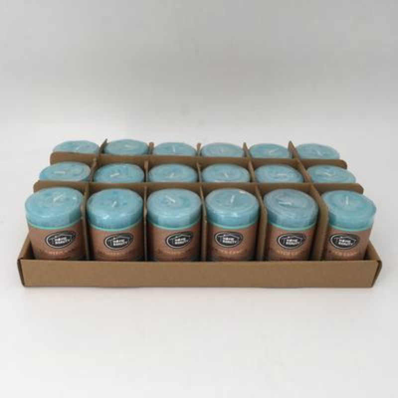 Set of 18 rustic blue scented candles, 5 x 7.5 cm, ideal for enhancing ambiance and creating a relaxing atmosphere.