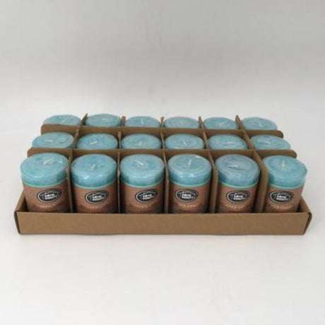 Set of 18 rustic blue scented candles, 5 x 7.5 cm, ideal for enhancing ambiance and creating a relaxing atmosphere.