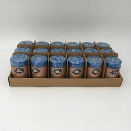 Set of 18 rustic royal blue scented candles, 5 x 7.5 cm, perfect for enhancing decor and creating a soothing atmosphere.