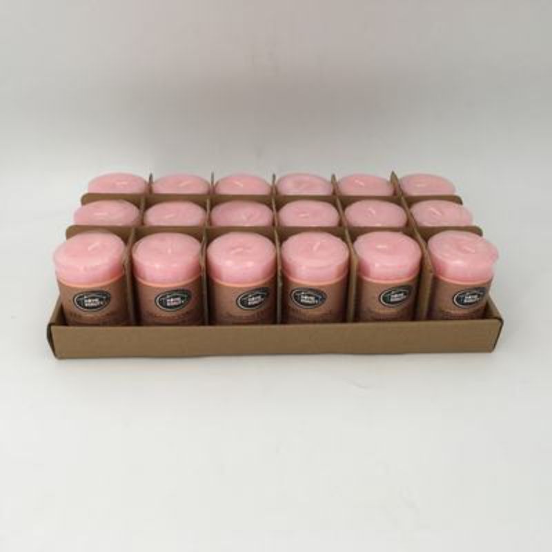 Set of 18 rustic pink scented candles, each 5 x 7.5 cm, perfect for creating a calming ambiance in any room.